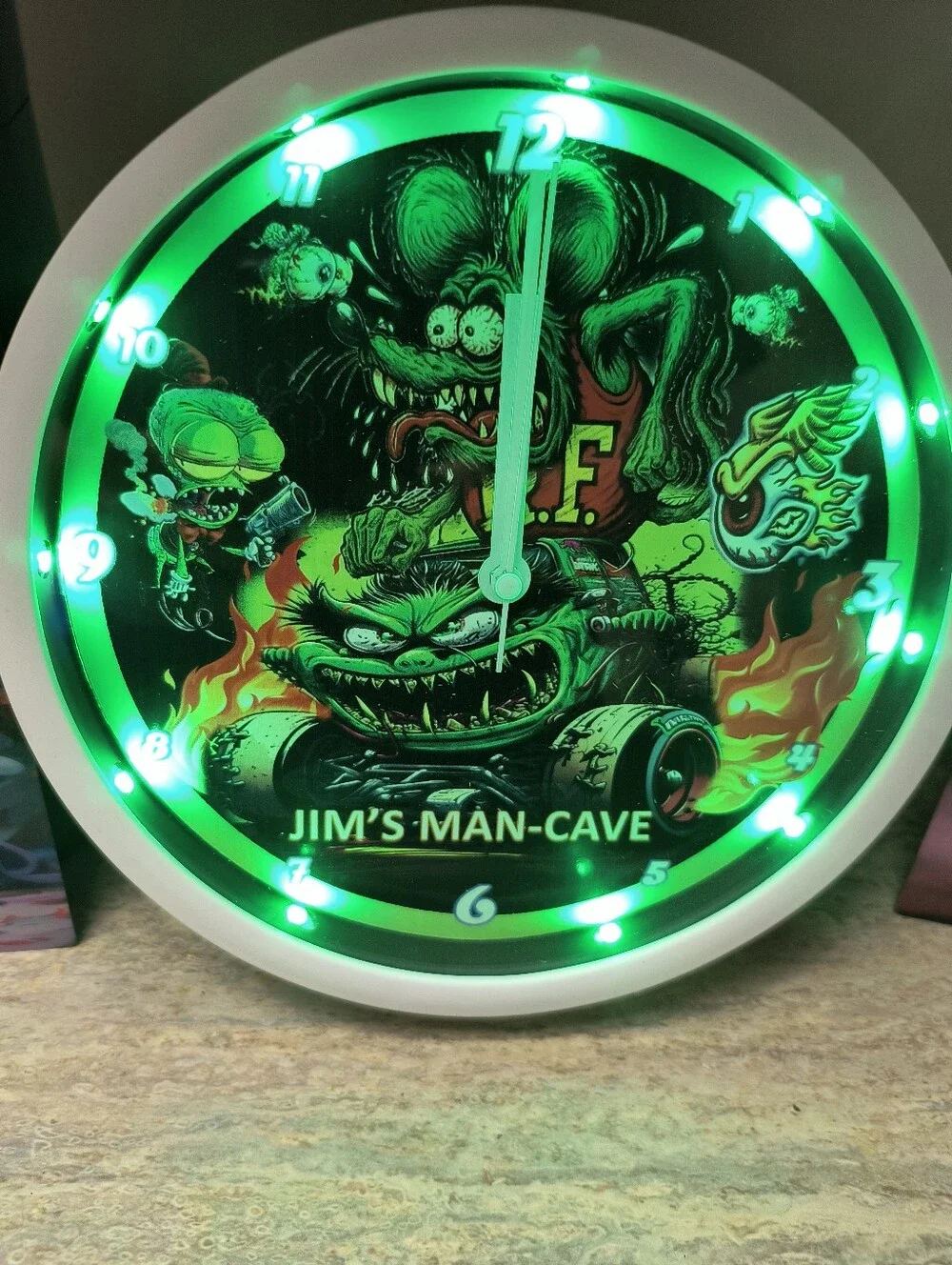 Neon Green Rat Fink Style LED Wall Clock - Jim's Man-Cave